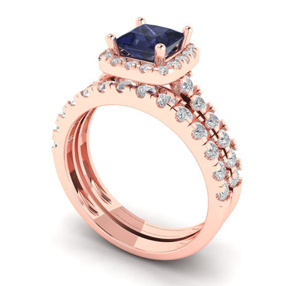 1.56 cttw Princess Cut Simulated Blue Sapphire Bridal Set - Solid Rose Gold Engagement Ring & Wedding Band