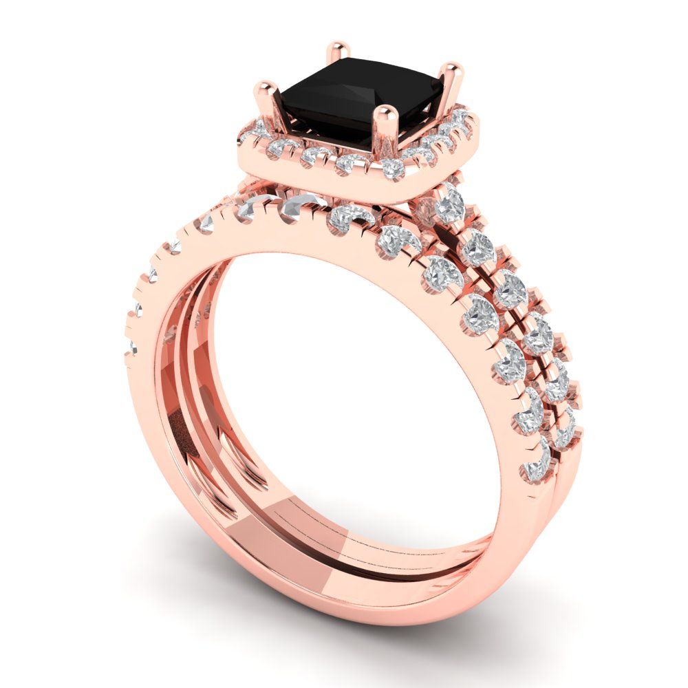 1.56 cttw Princess Cut Natural Onyx Bridal Set - Solid Rose Gold Engagement Ring & Wedding Band