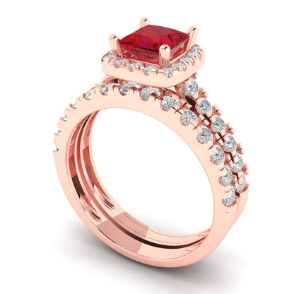 1.56 cttw Princess Cut Simulated Ruby Bridal Set - Solid Rose Gold Engagement Ring & Wedding Band