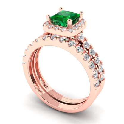 1.56 cttw Princess Cut Simulated Emerald Bridal Set - Solid Rose Gold Engagement Ring & Wedding Band