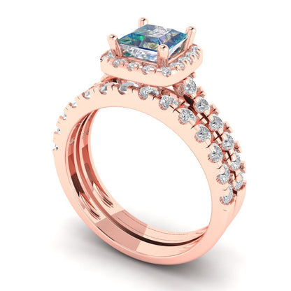 1.56 cttw Princess Cut Blue Moissanite Bridal Set - Solid Rose Gold Engagement Ring & Wedding Band