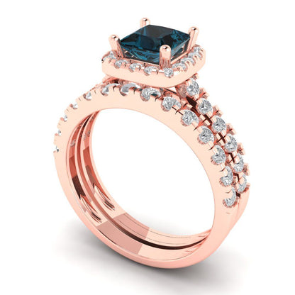1.56 cttw Princess Cut Natural London Blue Topaz Bridal Set - Solid Rose Gold Engagement Ring & Wedding Band