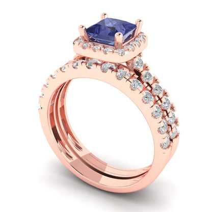 1.56 cttw Princess Cut Simulated Tanzanite Bridal Set - Solid Rose Gold Engagement Ring & Wedding Band