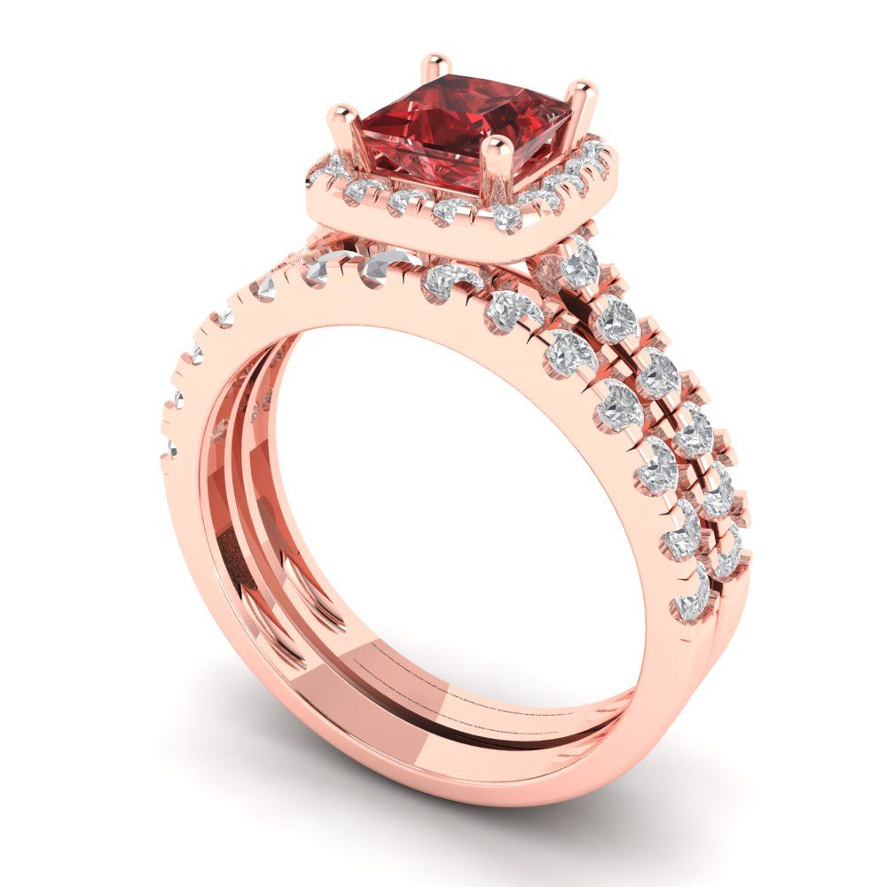 1.56 cttw Princess Cut Natural Garnet Bridal Set - Solid Rose Gold Engagement Ring & Wedding Band