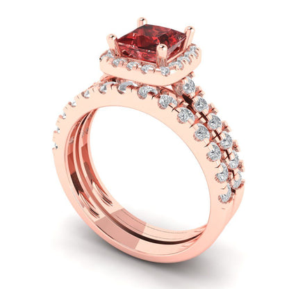 1.56 cttw Princess Cut Natural Garnet Bridal Set - Solid Rose Gold Engagement Ring & Wedding Band