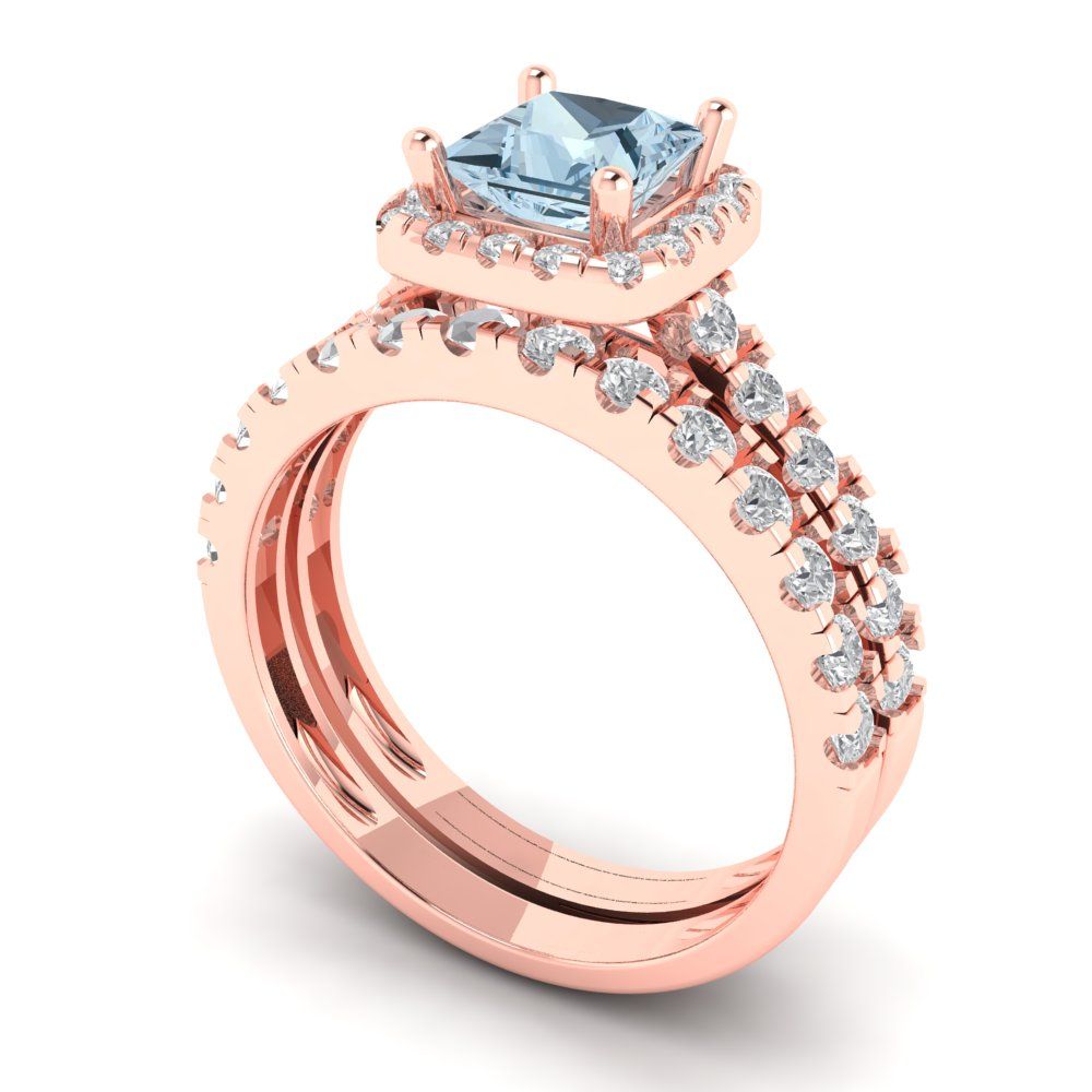 1.56 cttw Princess Cut Natural Aquamarine Bridal Set - Solid Rose Gold Engagement Ring & Wedding Band