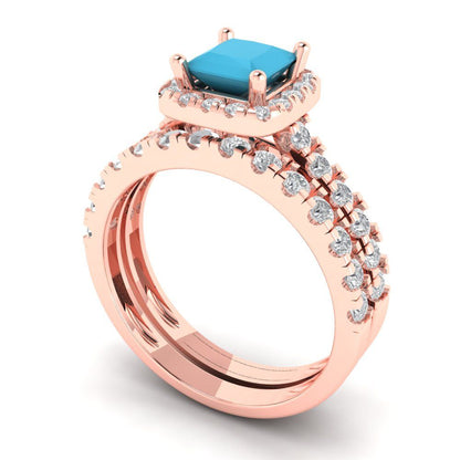 1.56 cttw Princess Cut Simulated Turquoise Bridal Set - Solid Rose Gold Engagement Ring & Wedding Band
