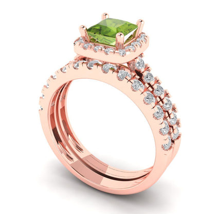 1.56 cttw Princess Cut Natural Peridot Bridal Set - Solid Rose Gold Engagement Ring & Wedding Band