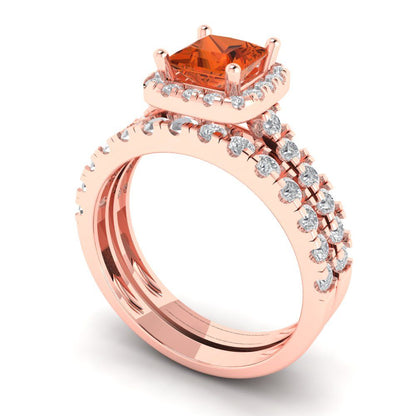 1.56 cttw Princess Cut Simulated Red Diamond Bridal Set - Solid Rose Gold Engagement Ring & Wedding Band
