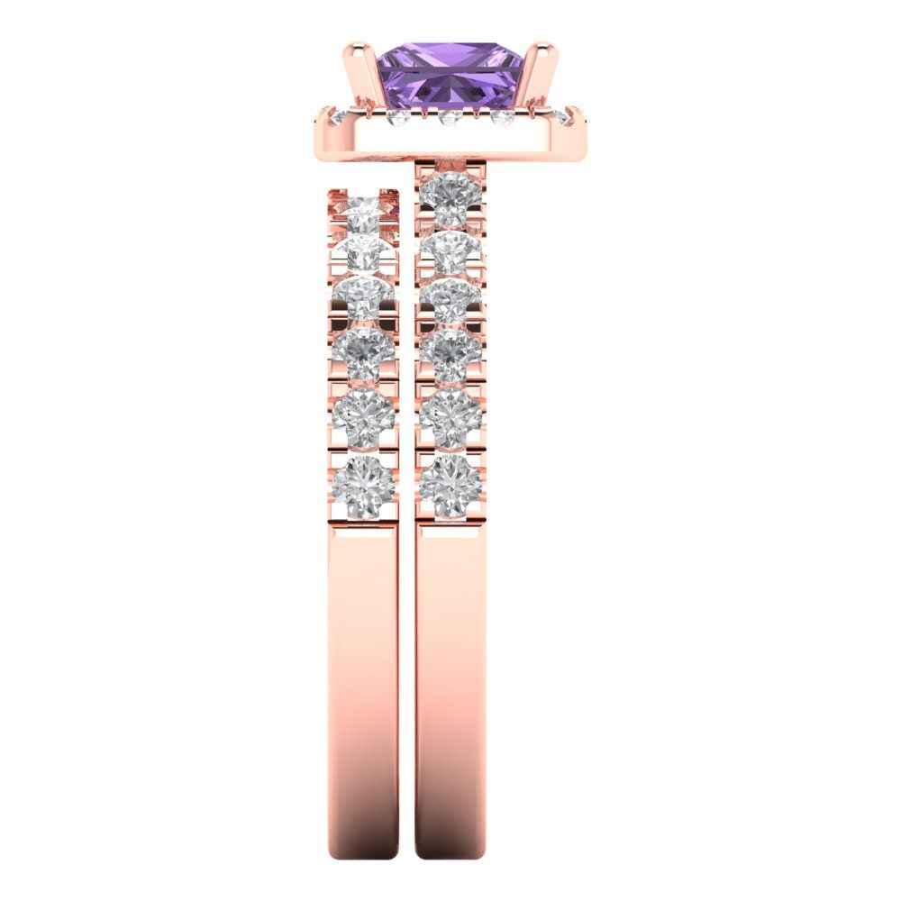 1.56 cttw Princess Cut Simulated Alexandrite Bridal Set - Solid Rose Gold Engagement Ring & Wedding Band
