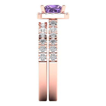 1.56 cttw Princess Cut Simulated Alexandrite Bridal Set - Solid Rose Gold Engagement Ring & Wedding Band