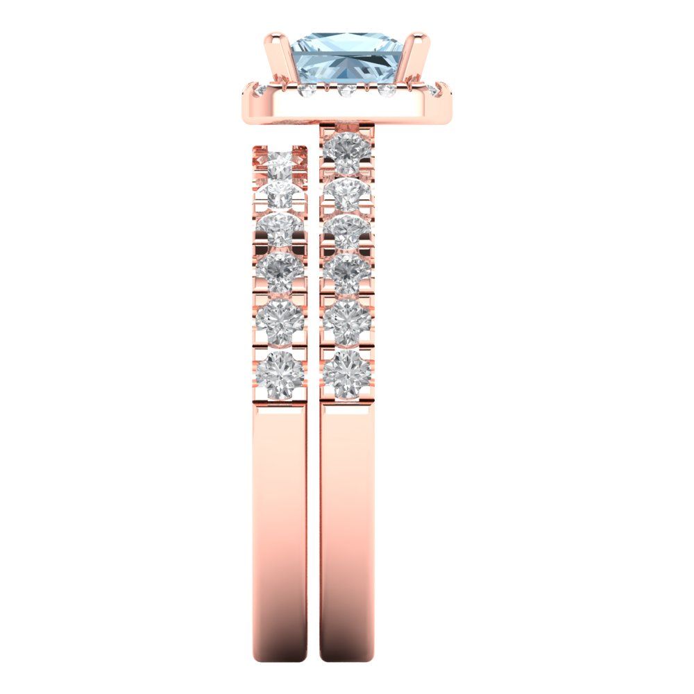 1.56 cttw Princess Cut Natural Aquamarine Bridal Set - Solid Rose Gold Engagement Ring & Wedding Band