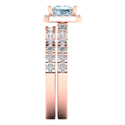 1.56 cttw Princess Cut Natural Aquamarine Bridal Set - Solid Rose Gold Engagement Ring & Wedding Band