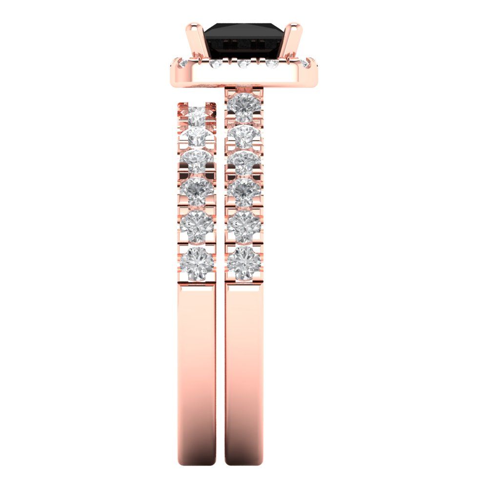 1.56 cttw Princess Cut Natural Onyx Bridal Set - Solid Rose Gold Engagement Ring & Wedding Band