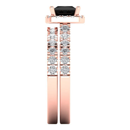 1.56 cttw Princess Cut Natural Onyx Bridal Set - Solid Rose Gold Engagement Ring & Wedding Band