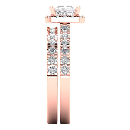 1.56 cttw Princess Cut White Sapphire Bridal Set - Solid Rose Gold Engagement Ring & Wedding Band