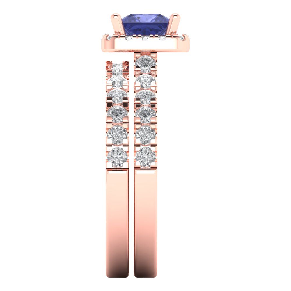 1.56 cttw Princess Cut Simulated Tanzanite Bridal Set - Solid Rose Gold Engagement Ring & Wedding Band