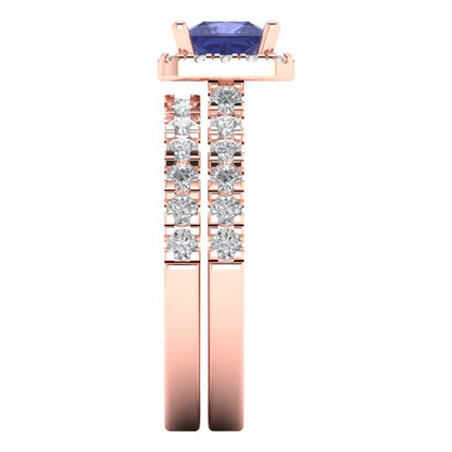 1.56 cttw Princess Cut Simulated Tanzanite Bridal Set - Solid Rose Gold Engagement Ring & Wedding Band