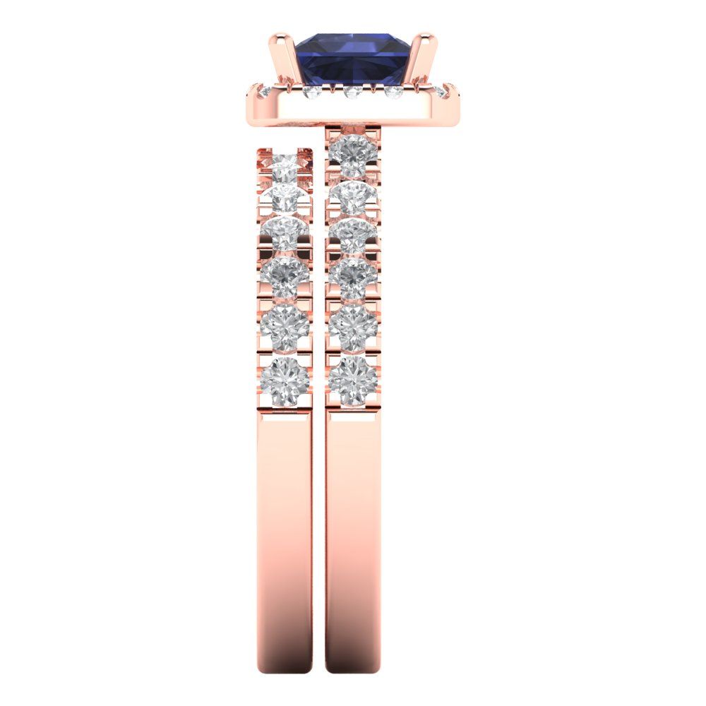 1.56 cttw Princess Cut Simulated Blue Sapphire Bridal Set - Solid Rose Gold Engagement Ring & Wedding Band