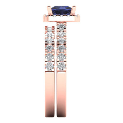 1.56 cttw Princess Cut Simulated Blue Sapphire Bridal Set - Solid Rose Gold Engagement Ring & Wedding Band