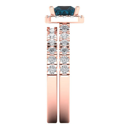 1.56 cttw Princess Cut Natural London Blue Topaz Bridal Set - Solid Rose Gold Engagement Ring & Wedding Band