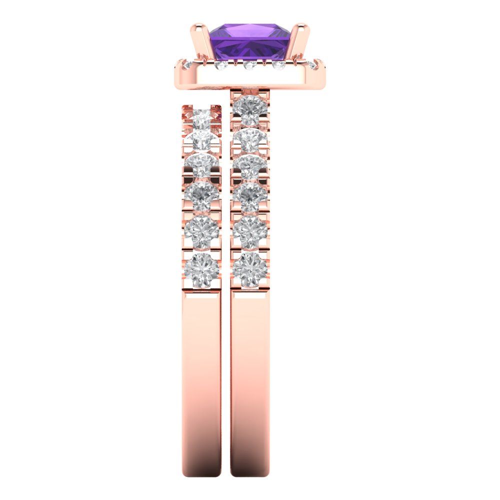 1.56 cttw Princess Cut Natural Amethyst Bridal Set - Solid Rose Gold Engagement Ring & Wedding Band