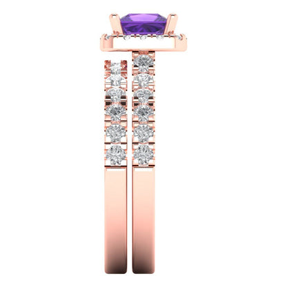 1.56 cttw Princess Cut Natural Amethyst Bridal Set - Solid Rose Gold Engagement Ring & Wedding Band
