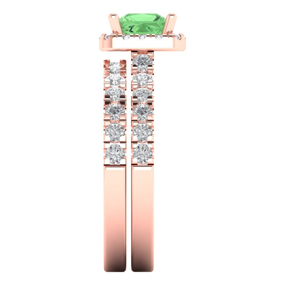 1.56 cttw Princess Cut Simulated Green Diamond Bridal Set - Solid Rose Gold Engagement Ring & Wedding Band