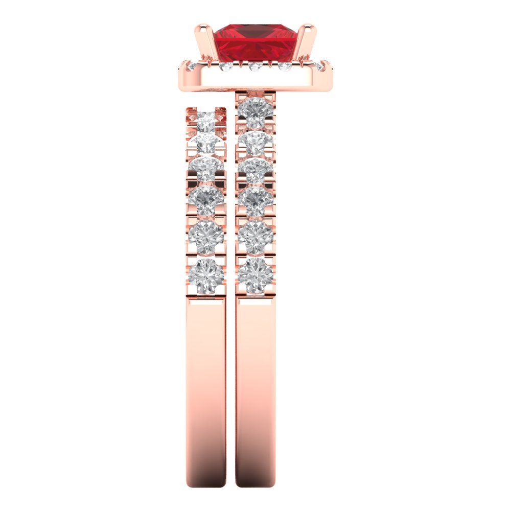 1.56 cttw Princess Cut Simulated Ruby Bridal Set - Solid Rose Gold Engagement Ring & Wedding Band