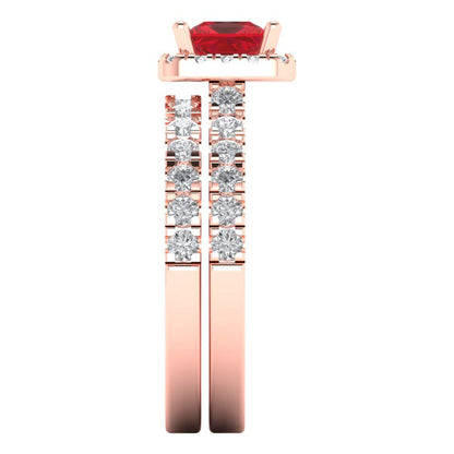 1.56 cttw Princess Cut Simulated Ruby Bridal Set - Solid Rose Gold Engagement Ring & Wedding Band