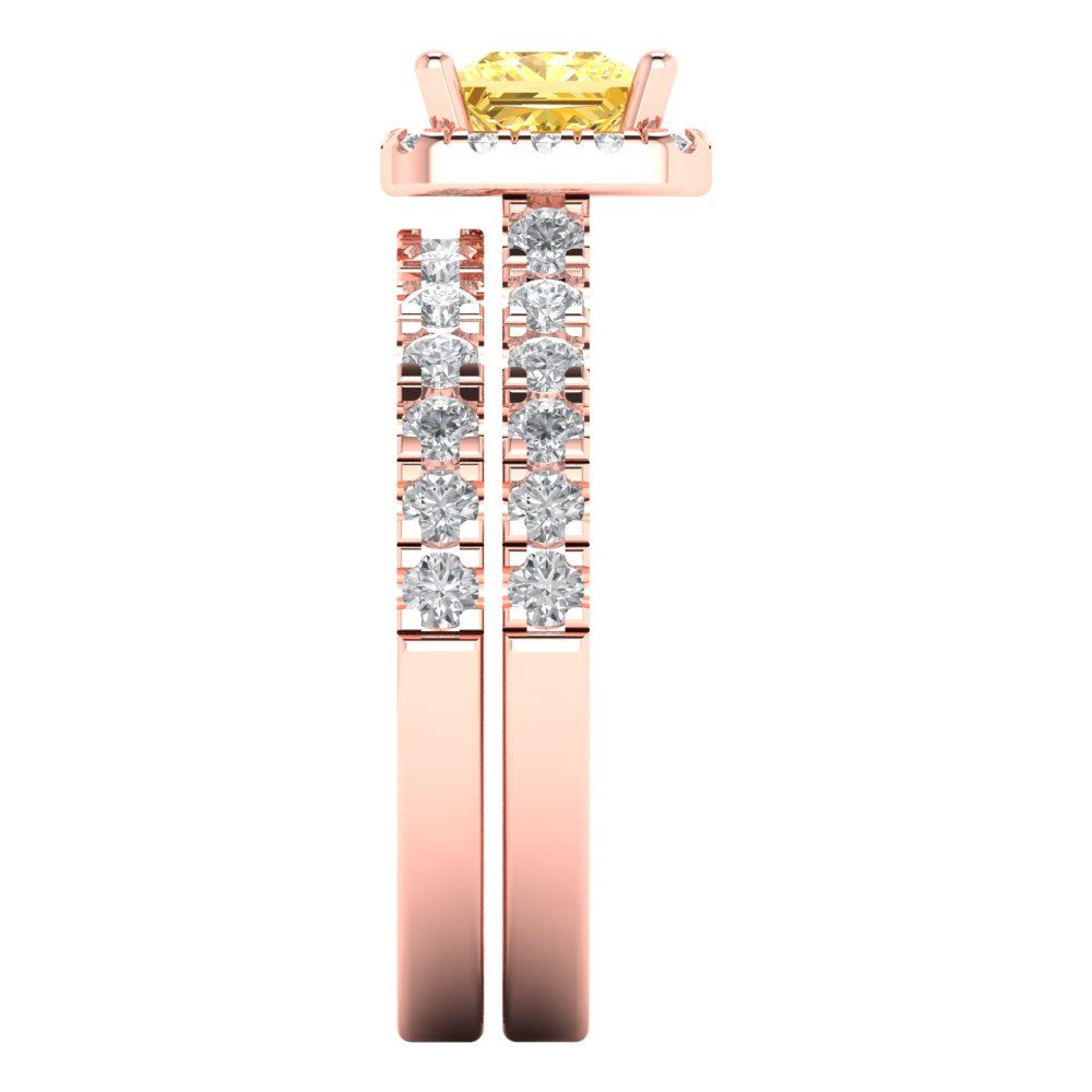 1.56 cttw Princess Cut Simulated Yellow Diamond Bridal Set - Solid Rose Gold Engagement Ring & Wedding Band