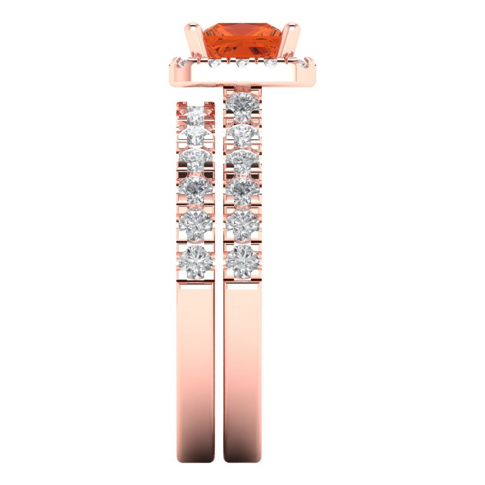 1.56 cttw Princess Cut Simulated Red Diamond Bridal Set - Solid Rose Gold Engagement Ring & Wedding Band