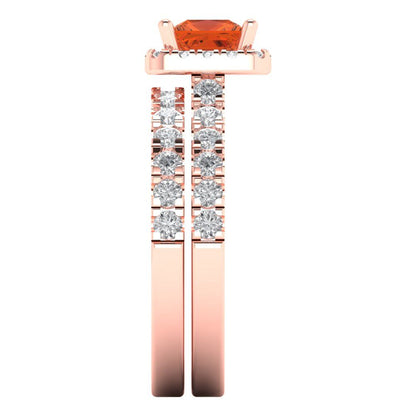 1.56 cttw Princess Cut Simulated Red Diamond Bridal Set - Solid Rose Gold Engagement Ring & Wedding Band