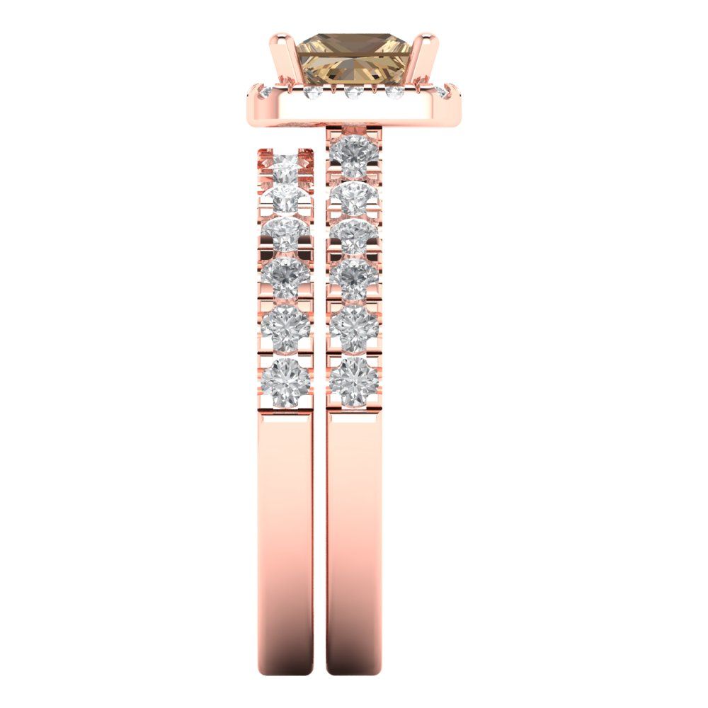 1.56 cttw Princess Cut Simulated Champagne Diamond Bridal Set - Solid Rose Gold Engagement Ring & Wedding Band