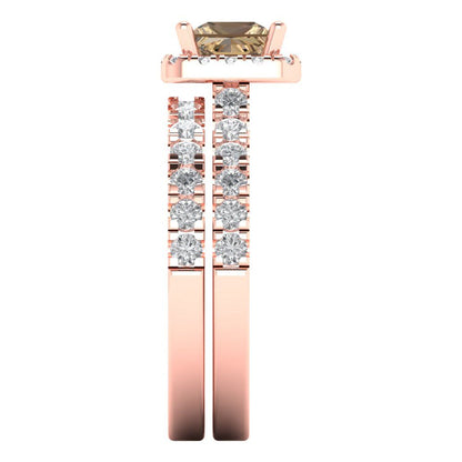 1.56 cttw Princess Cut Simulated Champagne Diamond Bridal Set - Solid Rose Gold Engagement Ring & Wedding Band