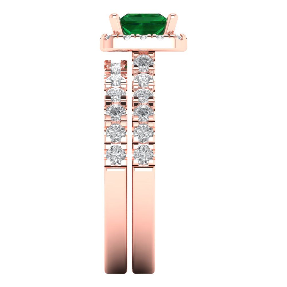 1.56 cttw Princess Cut Simulated Emerald Bridal Set - Solid Rose Gold Engagement Ring & Wedding Band