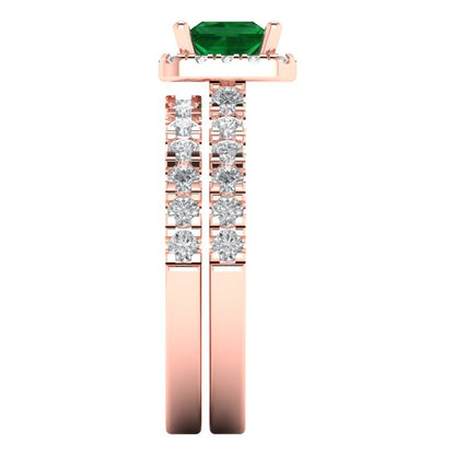 1.56 cttw Princess Cut Simulated Emerald Bridal Set - Solid Rose Gold Engagement Ring & Wedding Band