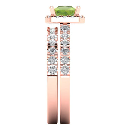 1.56 cttw Princess Cut Natural Peridot Bridal Set - Solid Rose Gold Engagement Ring & Wedding Band