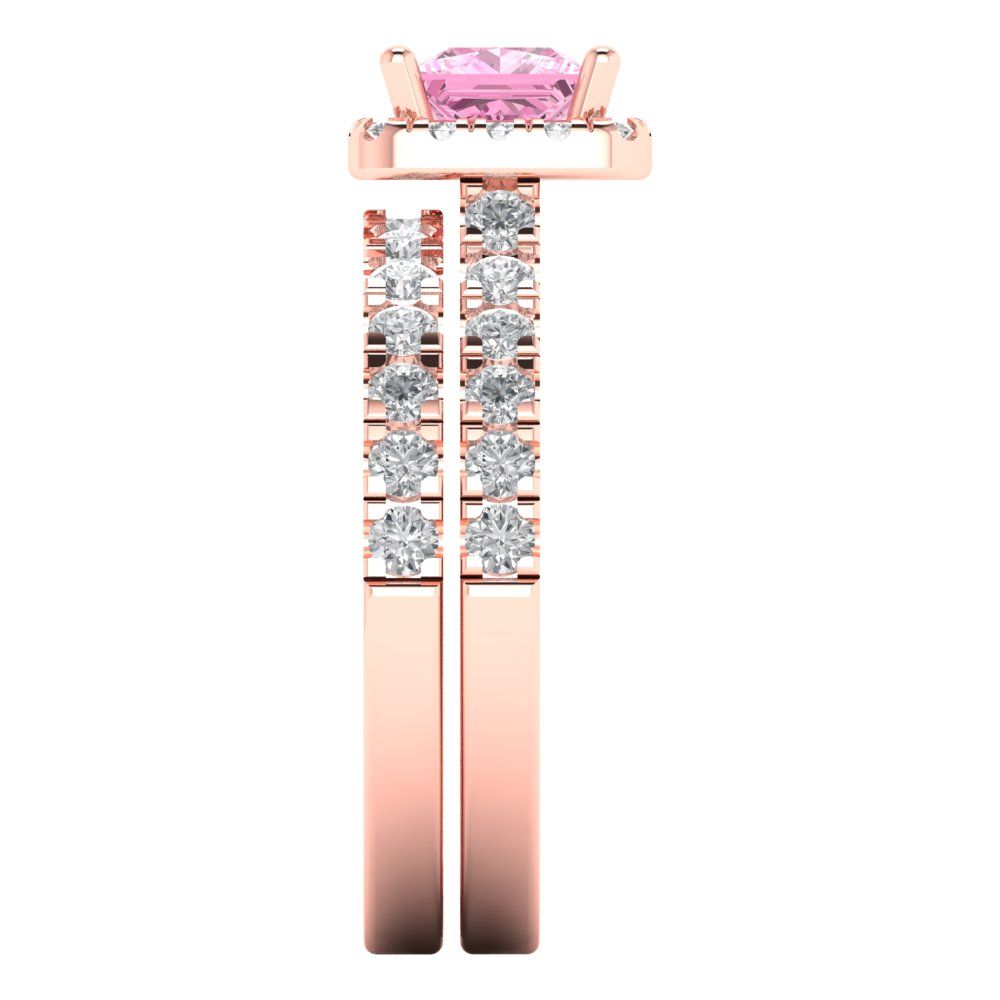 1.56 cttw Princess Cut Simulated Pink Diamond Bridal Set - Solid Rose Gold Engagement Ring & Wedding Band