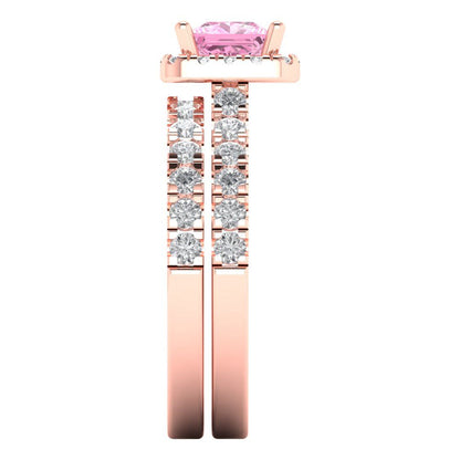 1.56 cttw Princess Cut Simulated Pink Diamond Bridal Set - Solid Rose Gold Engagement Ring & Wedding Band