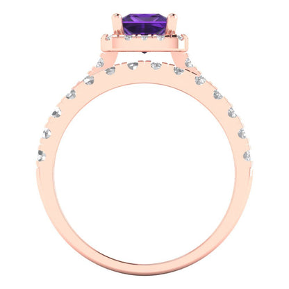 1.56 cttw Princess Cut Natural Amethyst Bridal Set - Solid Rose Gold Engagement Ring & Wedding Band