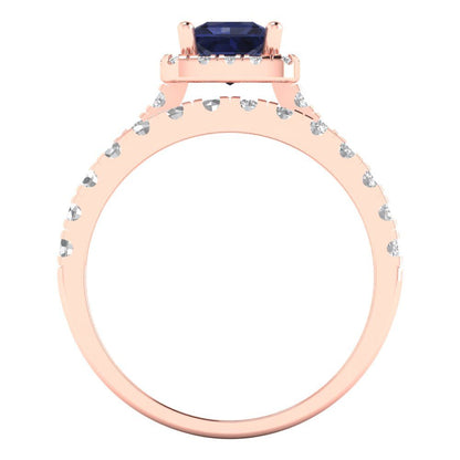 1.56 cttw Princess Cut Simulated Blue Sapphire Bridal Set - Solid Rose Gold Engagement Ring & Wedding Band