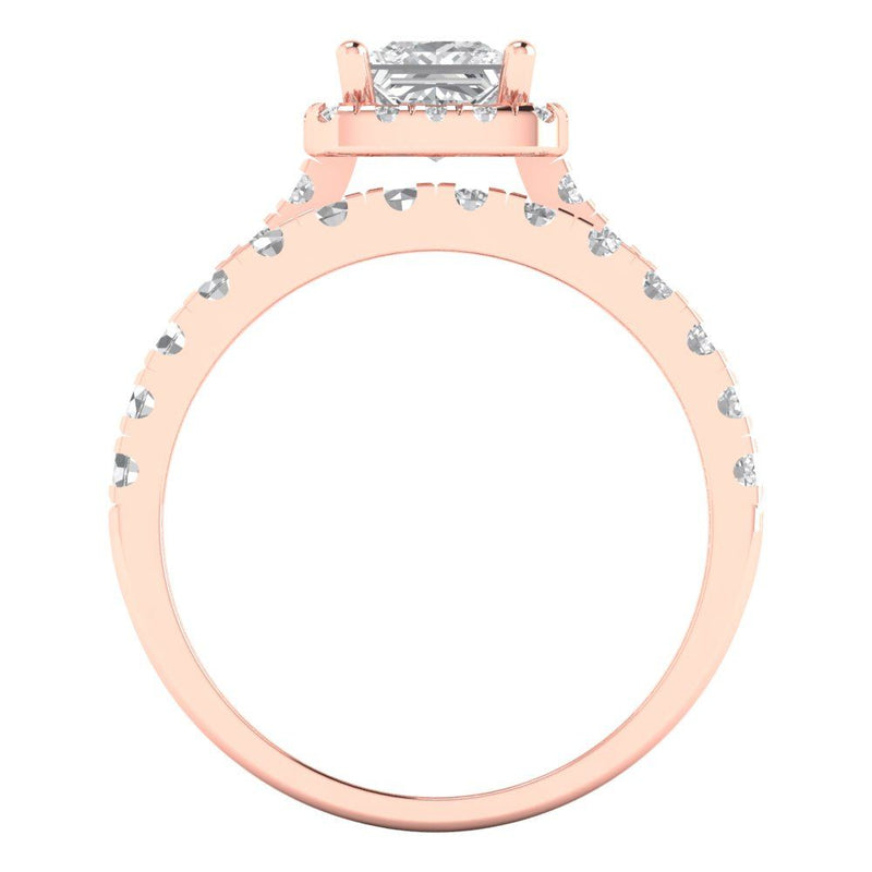 2.01 ct Brilliant Princess Cut Natural Diamond Stone Clarity SI1-2 Color G-H Rose Gold Halo Solitaire with Accents Bridal Set