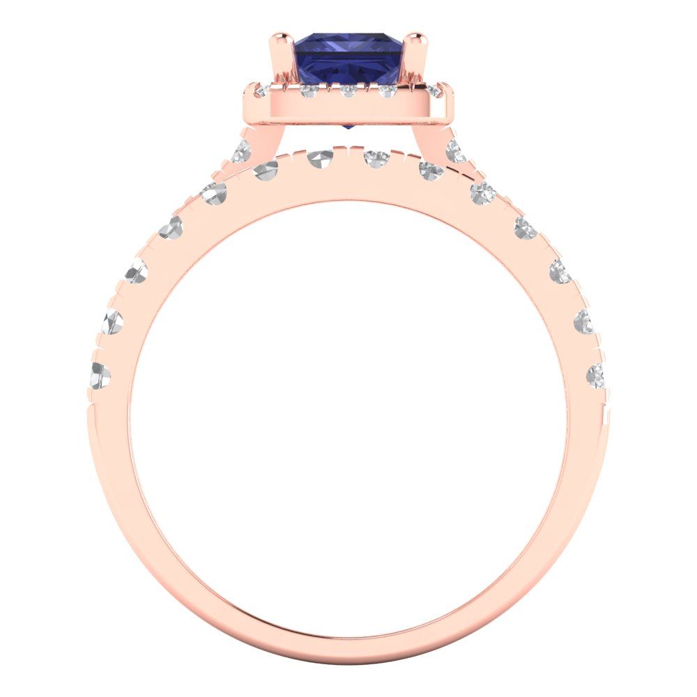 1.56 cttw Princess Cut Simulated Tanzanite Bridal Set - Solid Rose Gold Engagement Ring & Wedding Band