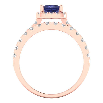 1.56 cttw Princess Cut Simulated Tanzanite Bridal Set - Solid Rose Gold Engagement Ring & Wedding Band