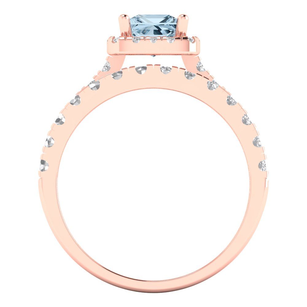 1.56 cttw Princess Cut Natural Aquamarine Bridal Set - Solid Rose Gold Engagement Ring & Wedding Band