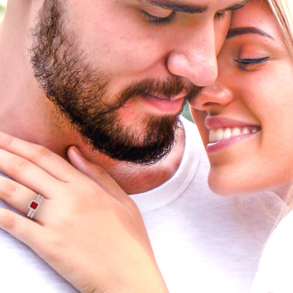 1.56 cttw Princess Cut Simulated Ruby Bridal Set - Solid Rose Gold Engagement Ring & Wedding Band
