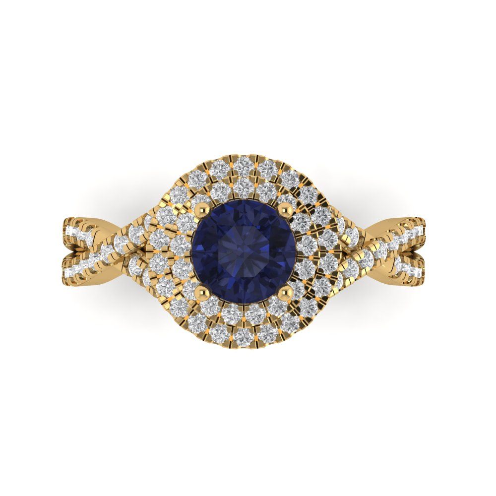 1.3125 cttw Simulated Blue Sapphire Hidden Halo Engagement Ring - Solid Gold (Round Cut,6mm)