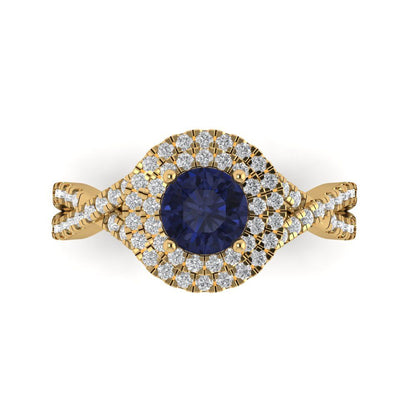 1.3125 cttw Simulated Blue Sapphire Hidden Halo Engagement Ring - Solid Gold (Round Cut,6mm)