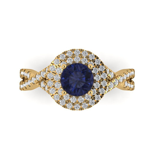 1.3125 cttw Simulated Blue Sapphire Hidden Halo Engagement Ring - Solid Yellow Gold (VVS1, Round Cut,6mm)
